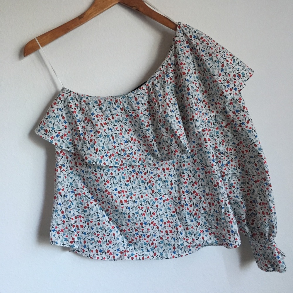 Zara Floral Asymmetric One Shoulder Blouse
